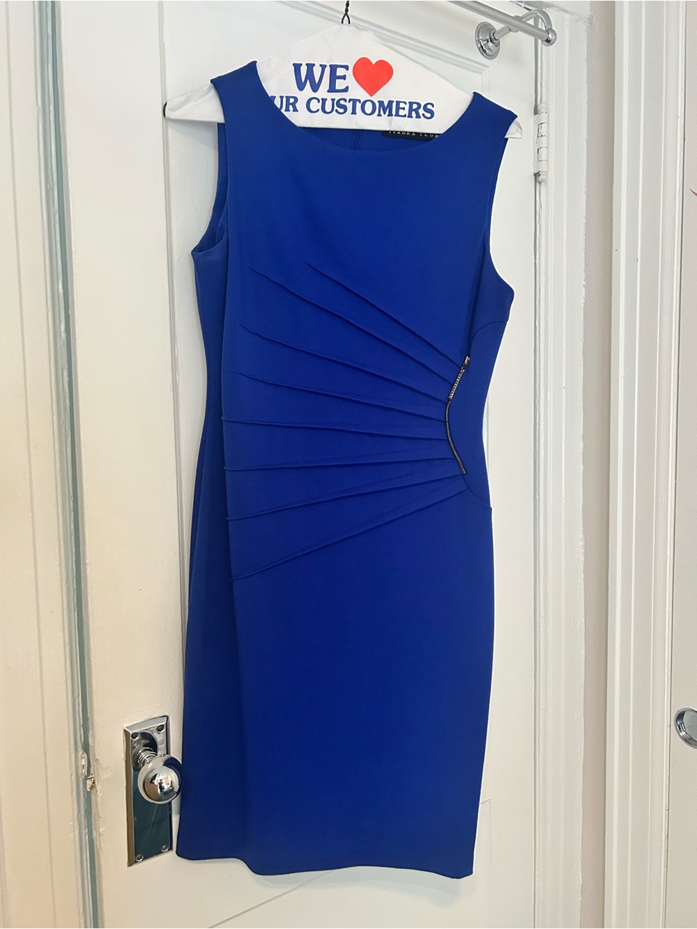 Ivanka Trump Royal Blue Sleeveless Sheath Dress with Side Pleat Detail